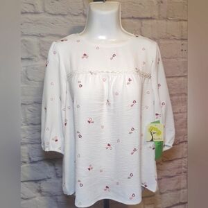 Fig & Flower  3/4 Sleeve heart Embroidered Boho Peasant Top  Small Petite